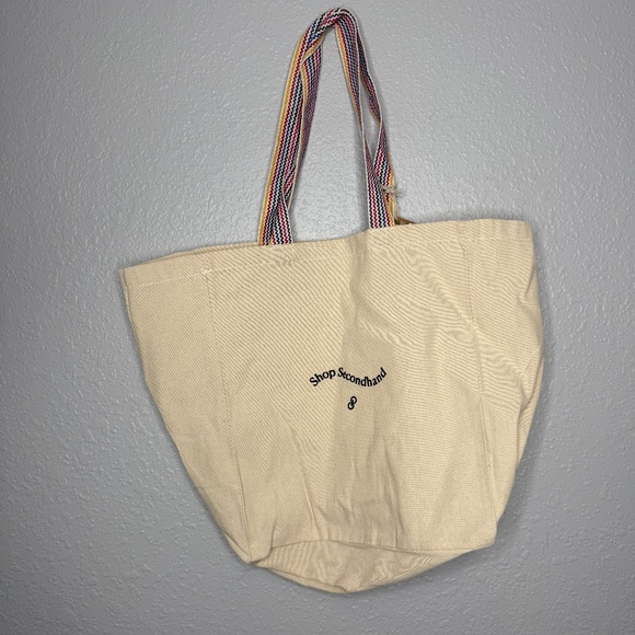 NWT Poshmark "Shop Secondhand " tote bag cream color with/rainbow striped straps - Picture 2 of 7